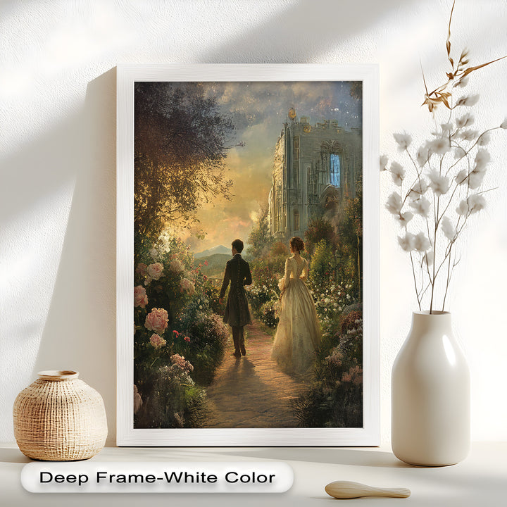 Victorian Lovers at Twilight – Romantic Garden Walk Oil Painting