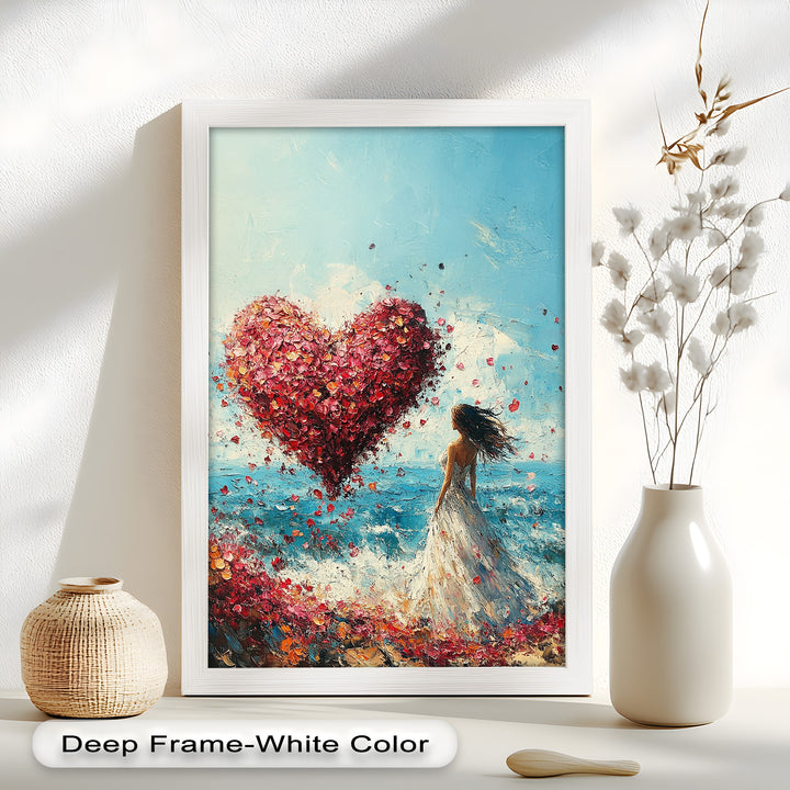 Woman with Heart-Shaped Petals Over the Sea - Love Oil Painting
