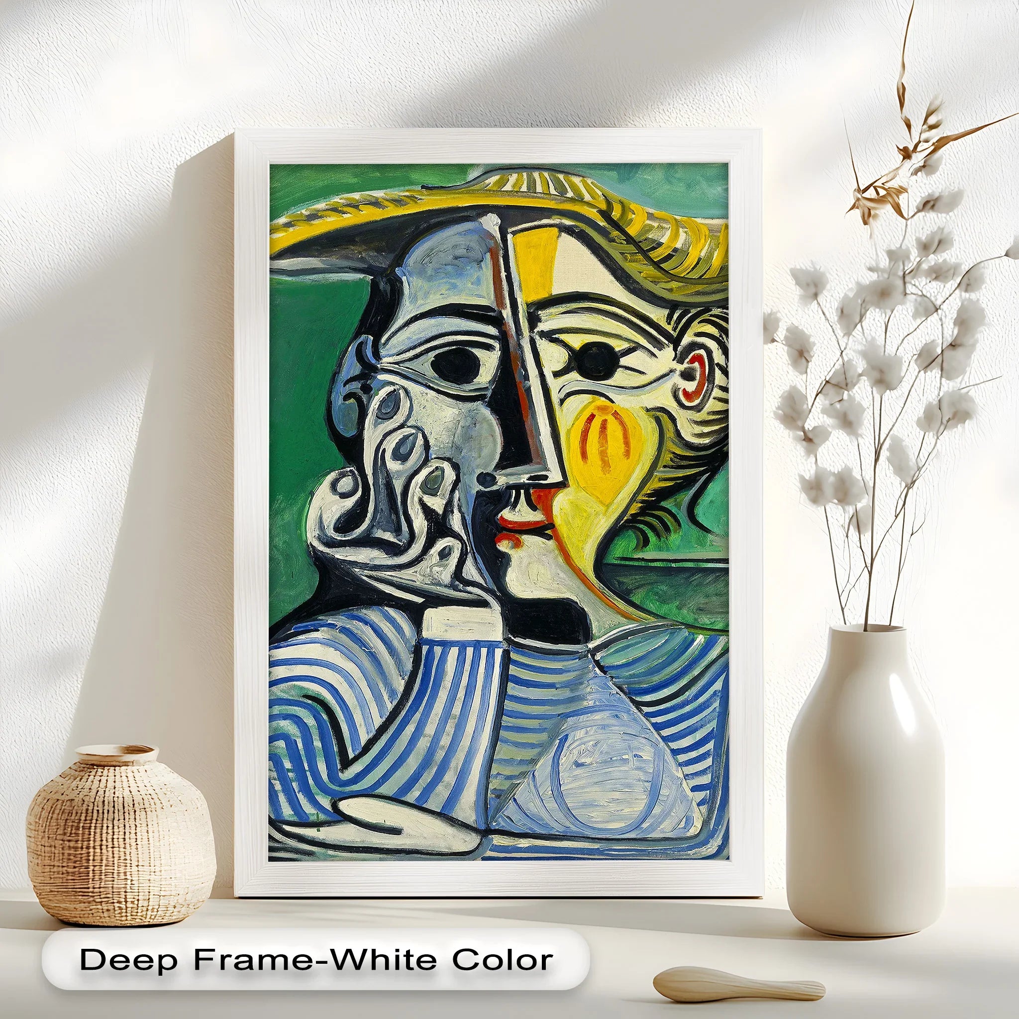 Pensive Gaze – Striped Woman in Sun Hat Picasso Oil Painting
