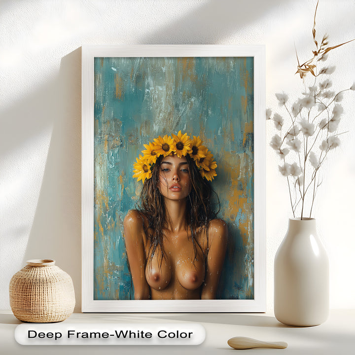 Sun-Kissed Solstice – Woman with Sunflower Crown Abstract Oil Painting