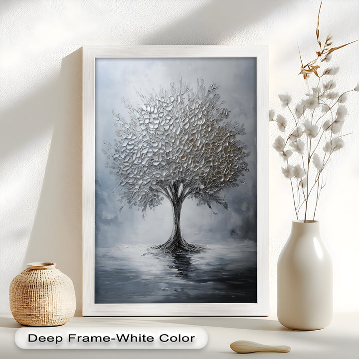 Silver Stillness – Tree in Monochrome Abstract Oil Painting