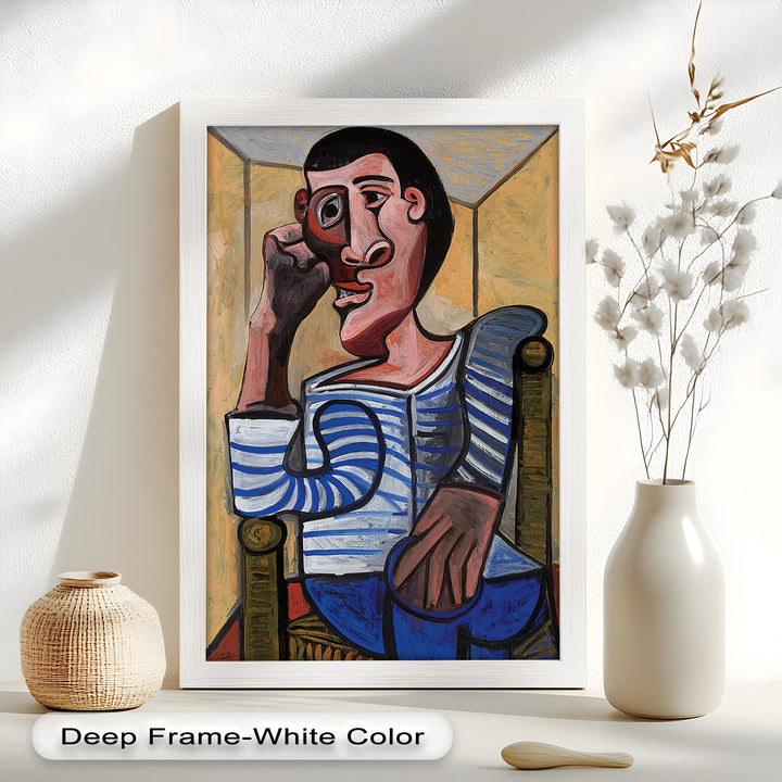 Melancholy in Stripes – Seated Man with Blue Shirt Picasso Oil Painting