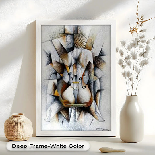 Textured surface reveals the geometric brushstrokes of this Cubist-inspired oil painting art prints, depicting an abstract nude with violin, embodying Picasso's iconic style.
