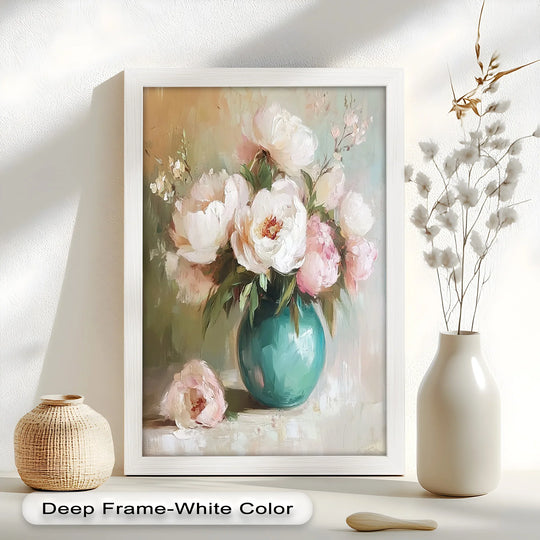 Remarkable realistic detail is captured in this oil painting home decor featuring a jade vase overflowing with soft, blushing peonies and a delicate, romantic floral arrangement.