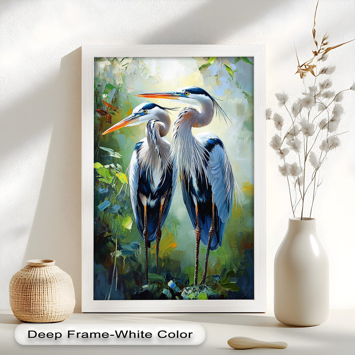 Pair of Herons in Forest Light – Animal Oil Painting