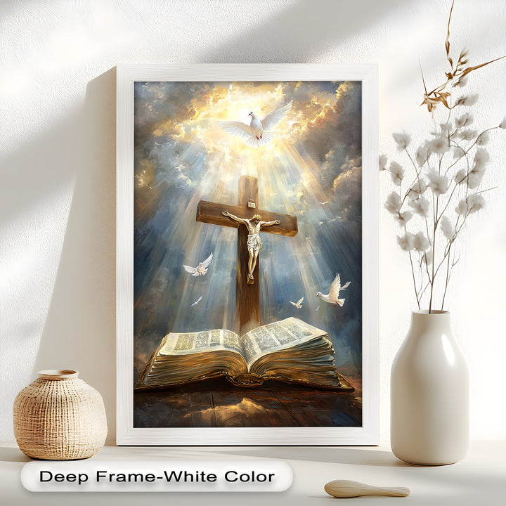 Jesus on the Cross with Open Bible and Doves - Oil Painting