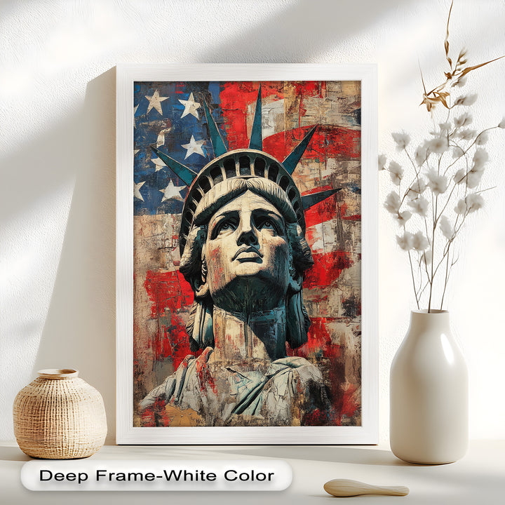 Freiheitsstatue mit amerikanischer Flagge - Patriotisches Ölgemälde