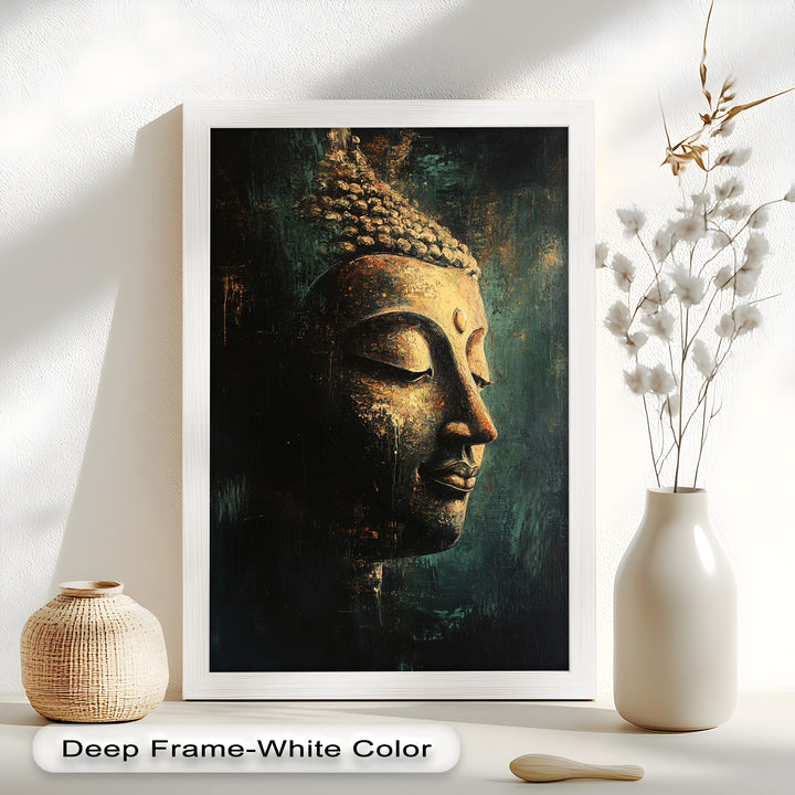 An elegant depiction of Buddha’s profile emerging from a dark, abstract background, symbolizing peace and enlightenment.