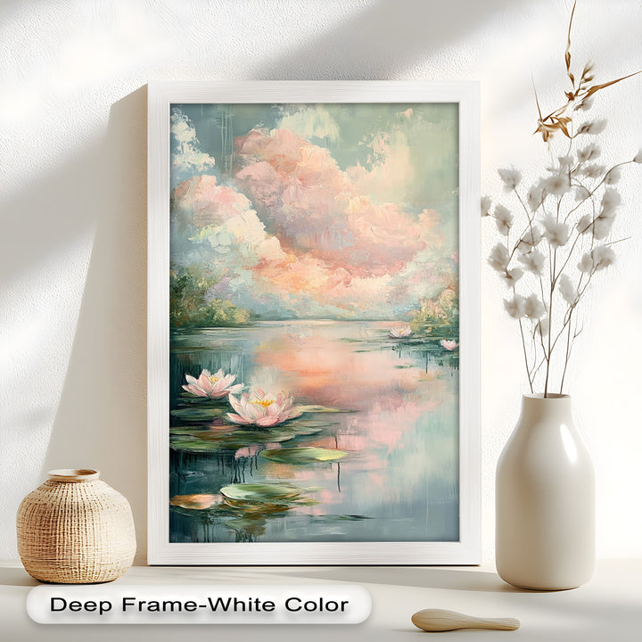 Pastel Water Lilies in Tranquil Lake - Flower Oil Painting