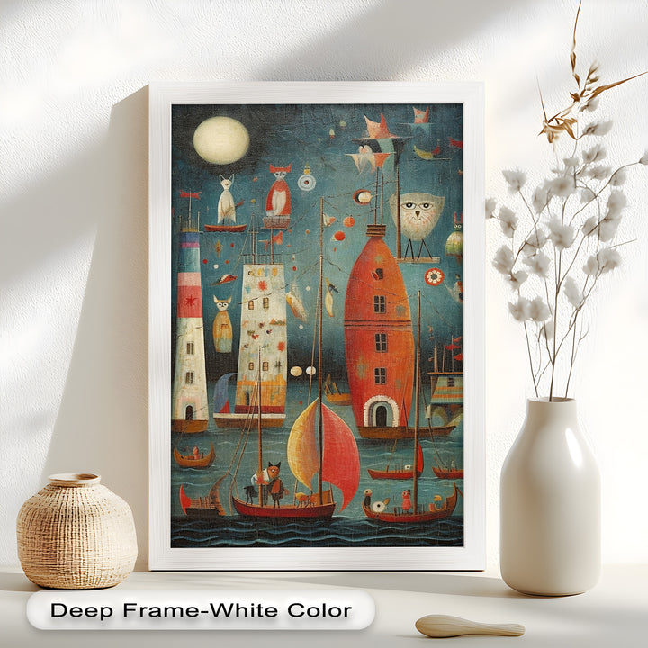 Moonlit Harbor Parade – Surreal Cat and Owl Fantasy Oil Painting