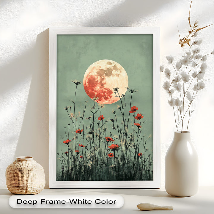 Celestial Wildflowers – Full Moon Over Red Meadow Blooms Oil Painting