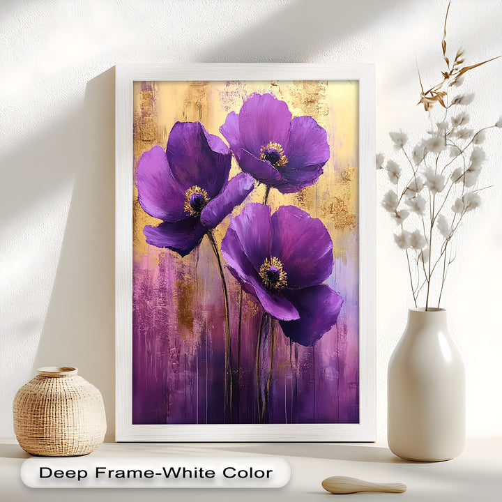 Velvet Blossoms – Purple Floral Elegance with Gold Flower Oil Painting
