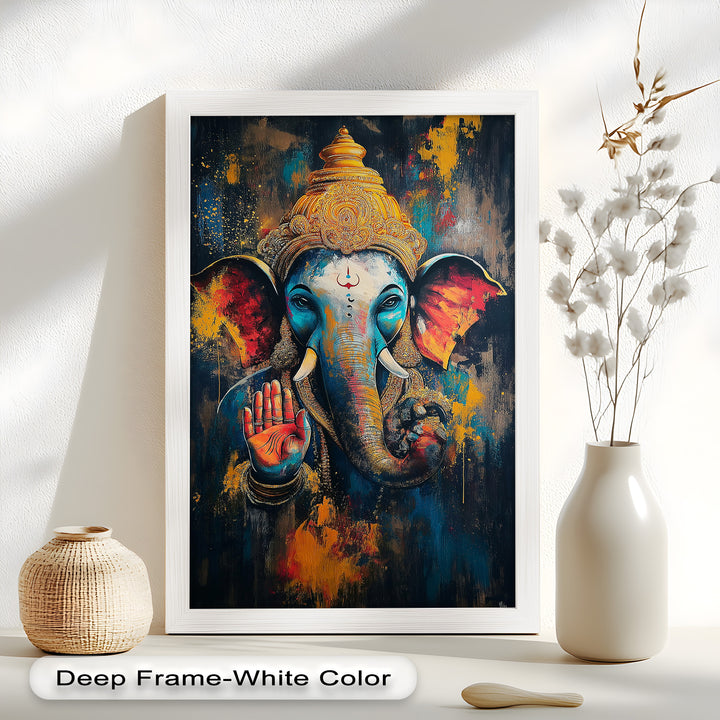 An energetic and spiritual representation of Ganesha with glowing ears, a blessing mudra, and intricate golden headgear.