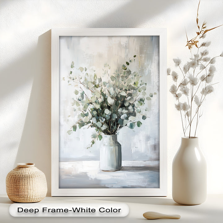 Eucalyptus Essence – Minimalist Greenery in Ceramic Vase Oil Painting