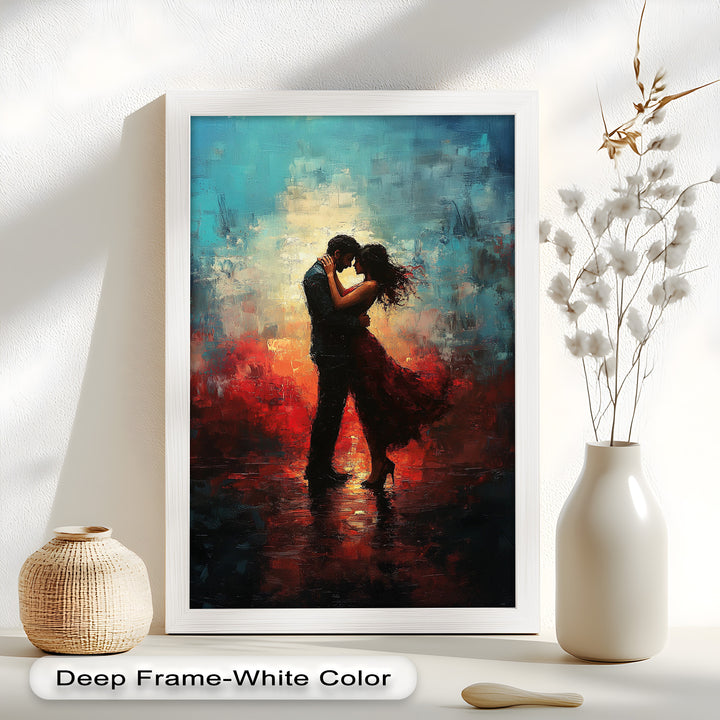 Romantic Couple in Fiery Twilight - Modern Oil Painting