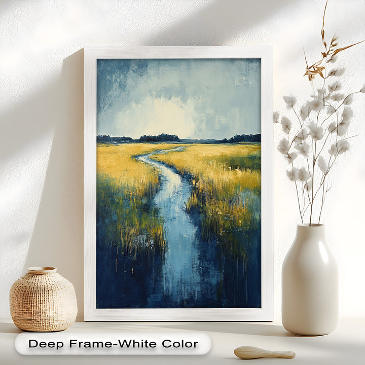 Golden Fields and Blue Stream – Contemporary Landscape Oil Painting