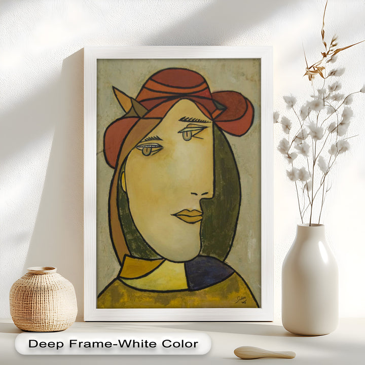 Melancholy in Red Hat – Minimalist Portrait Picasso Oil Painting