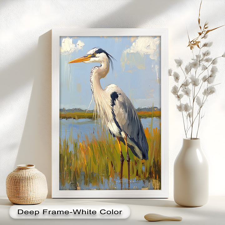 Heron in Sunlit Wetlands – Modern Oil Painting