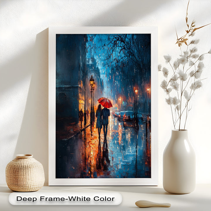 Lovers in the Rain – Romantic Night Street Oil Painting