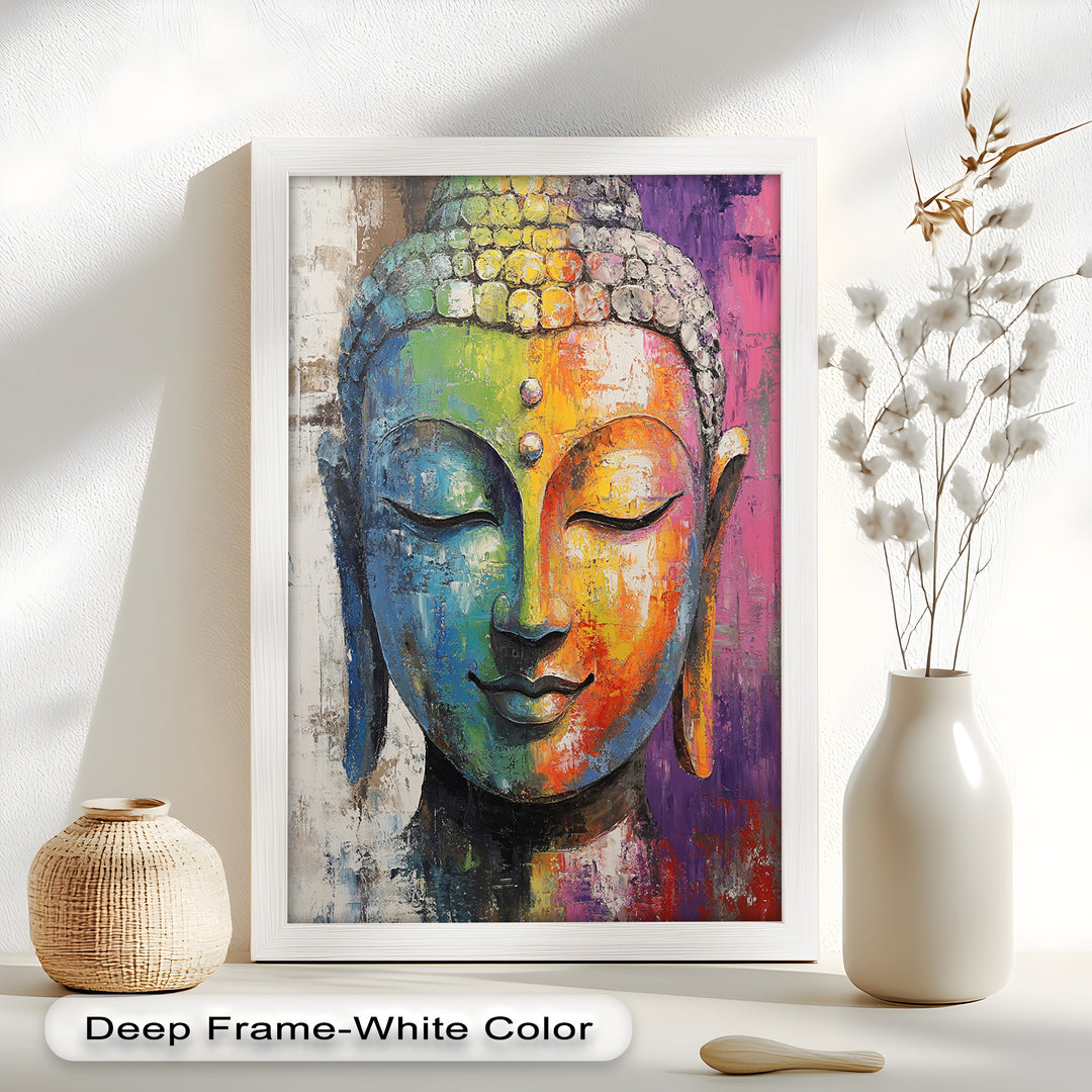 A vibrant artistic interpretation of Buddha with a calm expression and a fusion of colors representing harmony and inner peace.