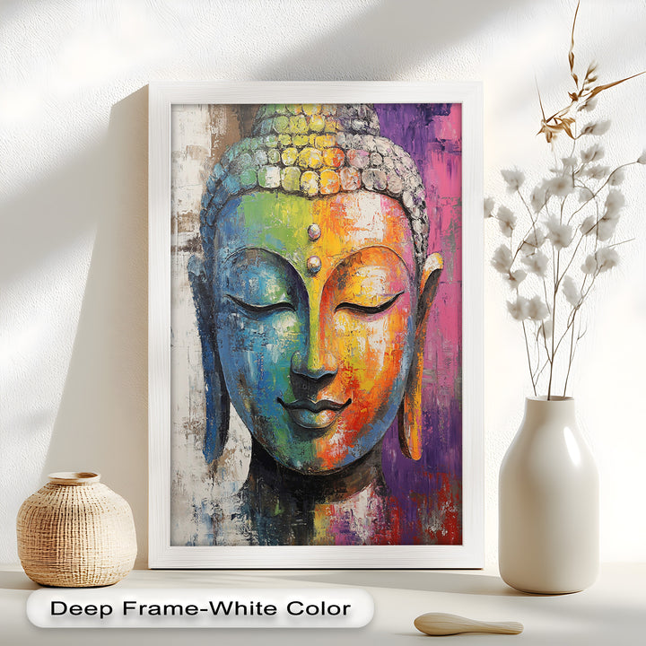 A vibrant artistic interpretation of Buddha with a calm expression and a fusion of colors representing harmony and inner peace.