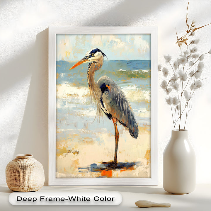 Elegant Heron Standing on Shoreline – Framed Oil Painting