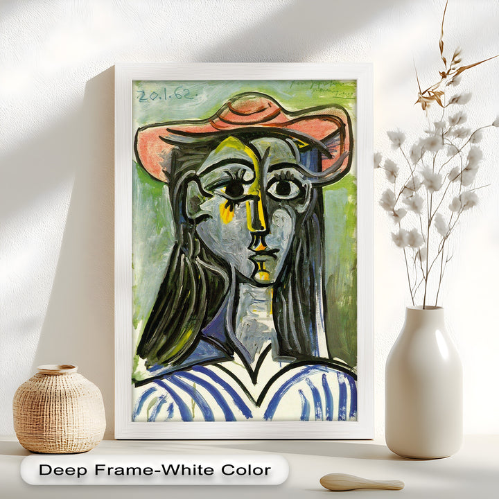 Striped Muse in Pink Hat – Picasso Oil Painting