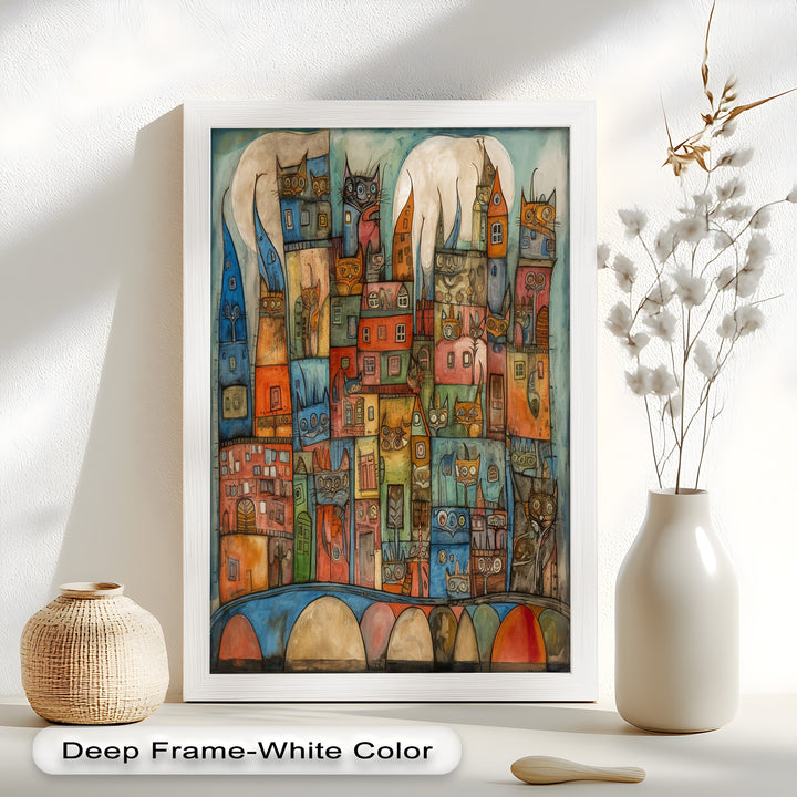 Whimsical Cat Cityscape – Surreal Architecture and Feline Picasso Oil Painting