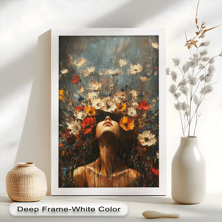 Floral Rebirth – Woman with Blossoming Crown Abstract Oil Painting