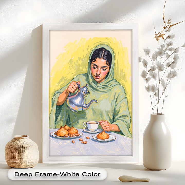 Woman Pouring Tea with Traditional Sweets - Food Painting