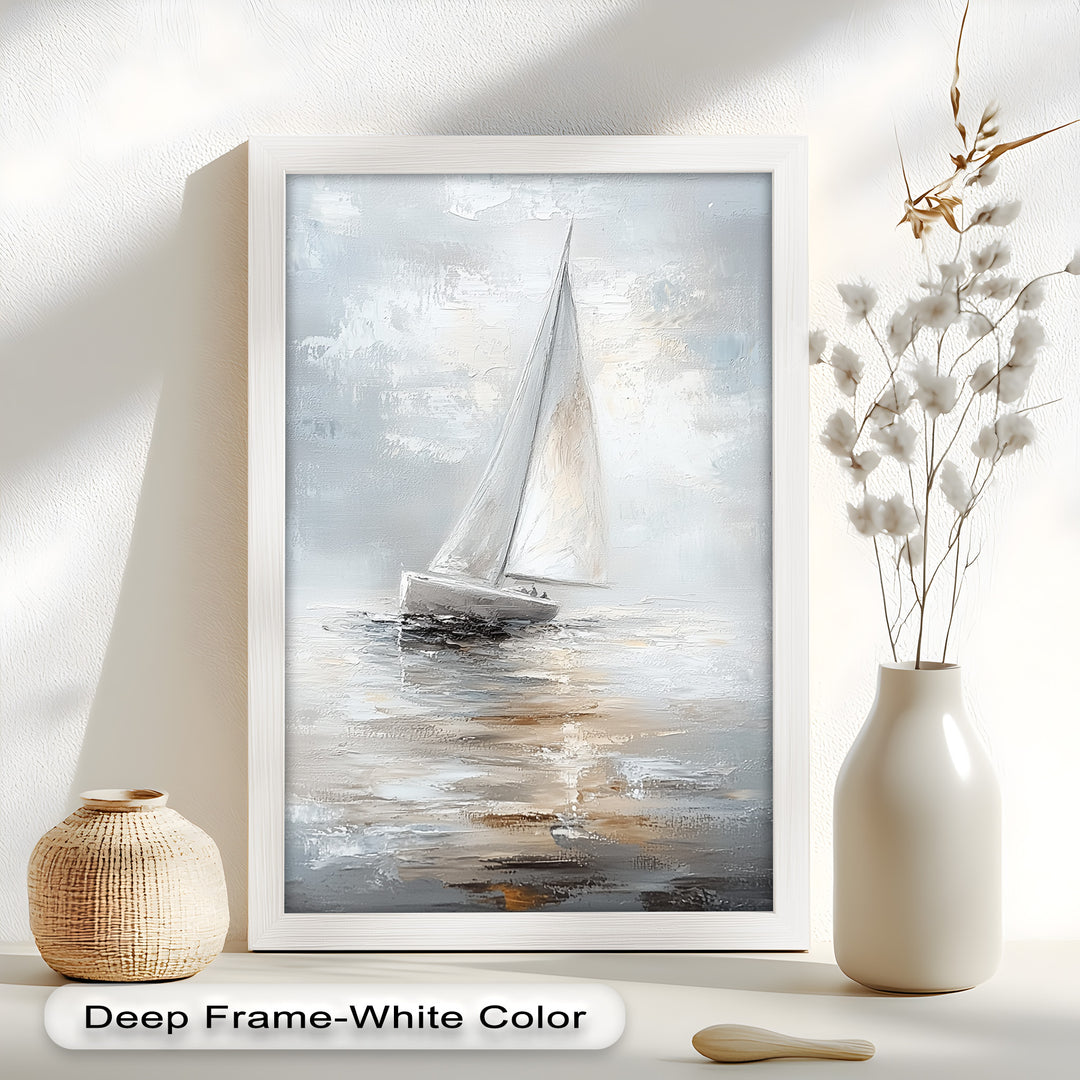 Sailing Through the Mist – White Boat Oil Painting