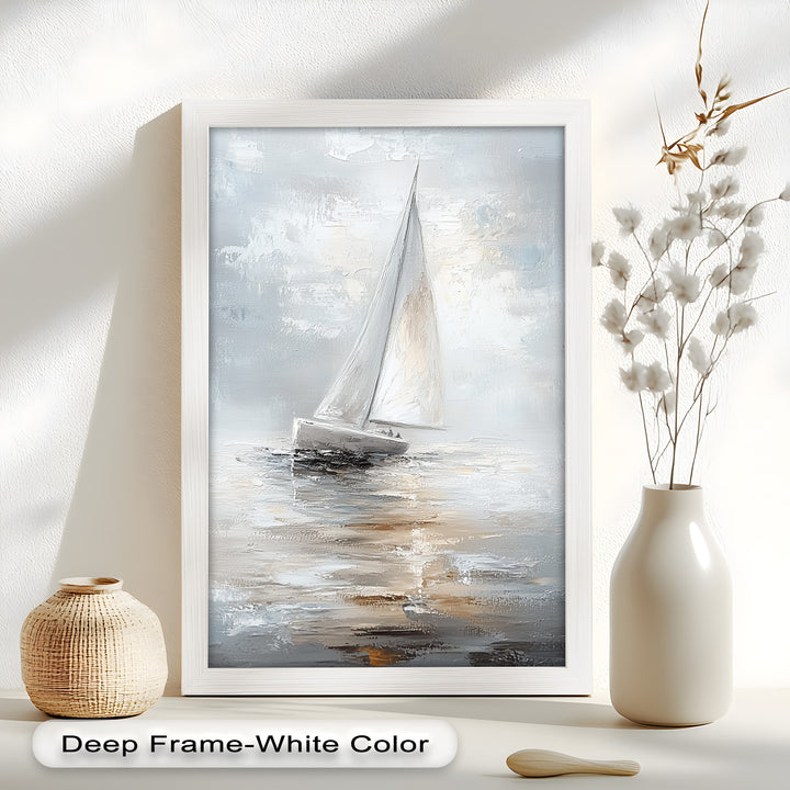 Sailing Through the Mist – White Boat Oil Painting