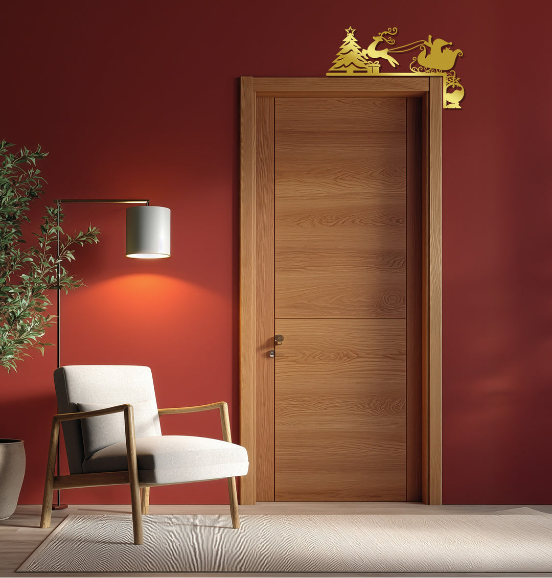 زلاجة سانتا وشجرة عيد الميلاد – ديكور معدني للمدفأة