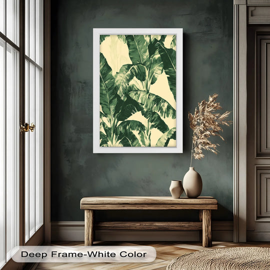 Deep shadows accentuate the lush greens in this framed banana leaf botanical art, a striking oil painting art piece with vintage flair.