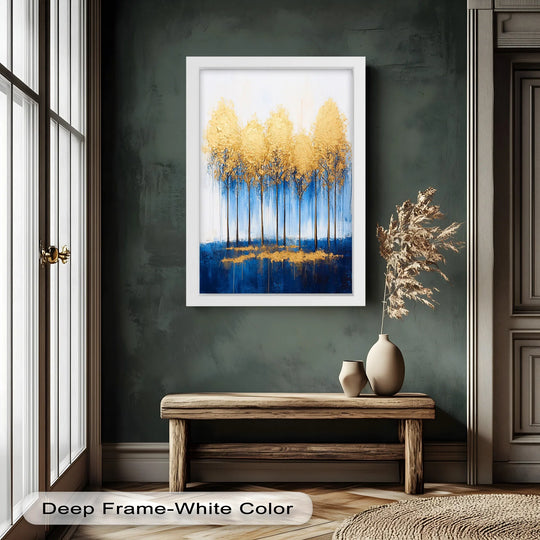 Layered depth is created in this golden trees on blue horizon abstract oil painting art prints, featuring textured foliage and a horizon that adds dimension.