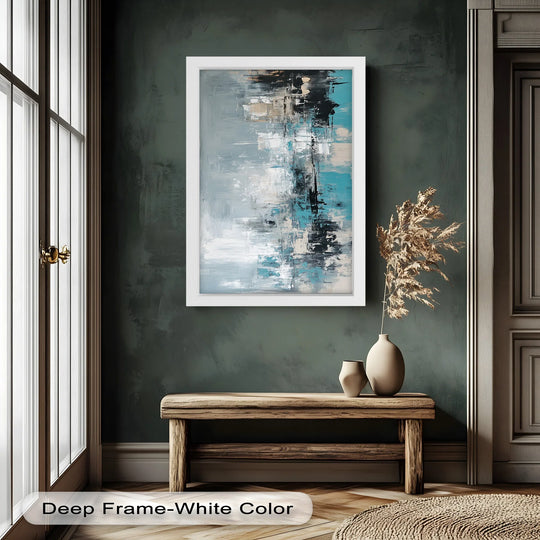 Featuring an abstract painting with a teal, charcoal, and gray color palette, the dark green background complements this oil painting home decor to create an intimate setting.