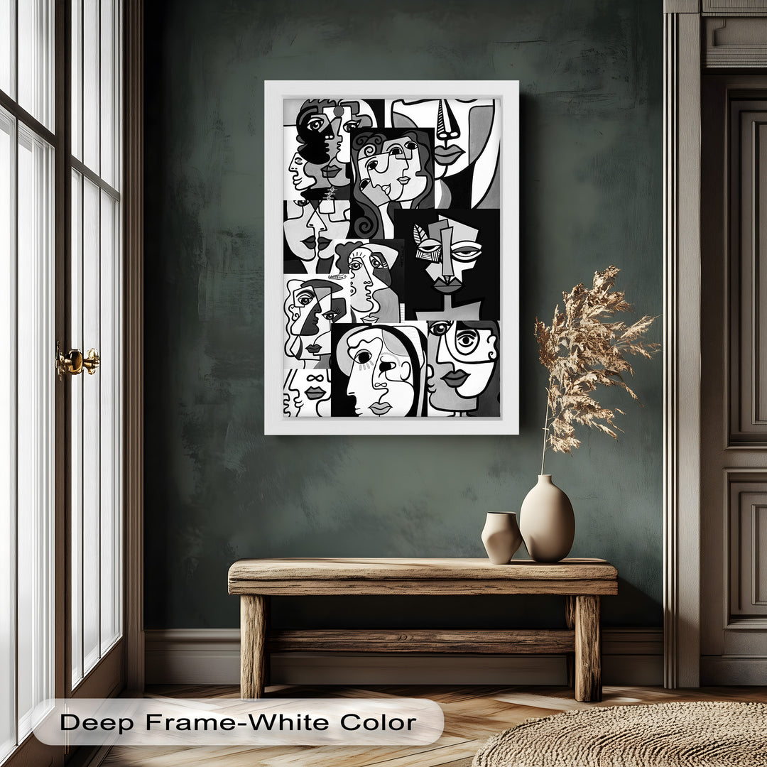 Monochrome Muse – Picasso-inspiriertes Ölgemälde mit kubistischen Gesichtern