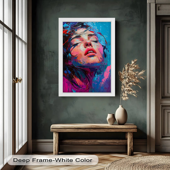 Warm color temperatures accentuate the red lips and contrasting cool hues in this 'Ecstasy in Color' oil painting home decor, a vibrant expressionist portrait framed in white.