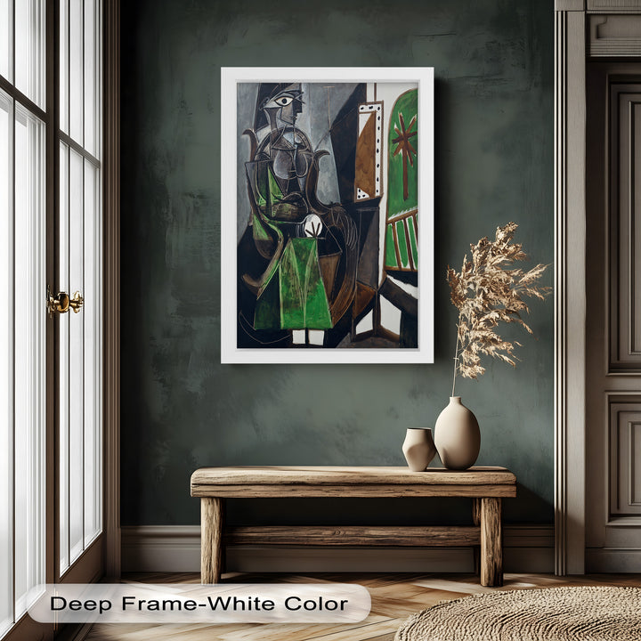 Figure by the Window – Abstract Green Interior Picasso Oil Painting