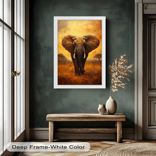Exquisite brushstrokes capture the material quality of this striking wildlife oil painting art piece, showcasing a majestic elephant in a vividly rendered savanna landscape.