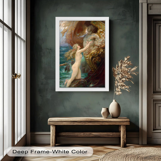 The mythological nude in Galatea's awakening is the focal point of the oil painting artwork, illustrating a classic romantic scene of love and transformation.