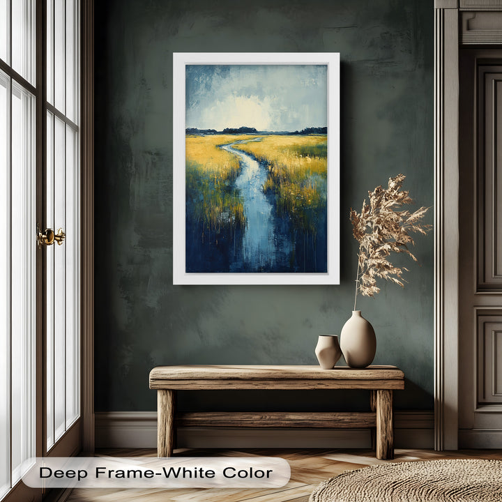 Golden Fields and Blue Stream – Contemporary Landscape Oil Painting