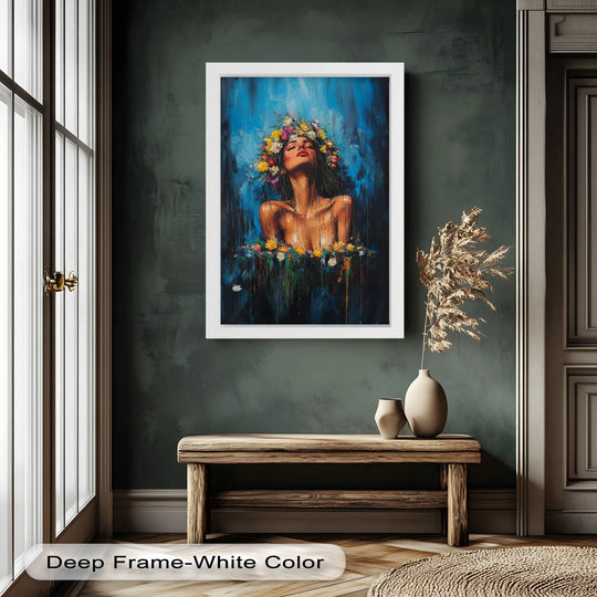 Subtle light and shadow accentuate the depth in this floral reverie modern oil painting art, highlighting the ethereal woman crowned with vivid, glowing flowers.