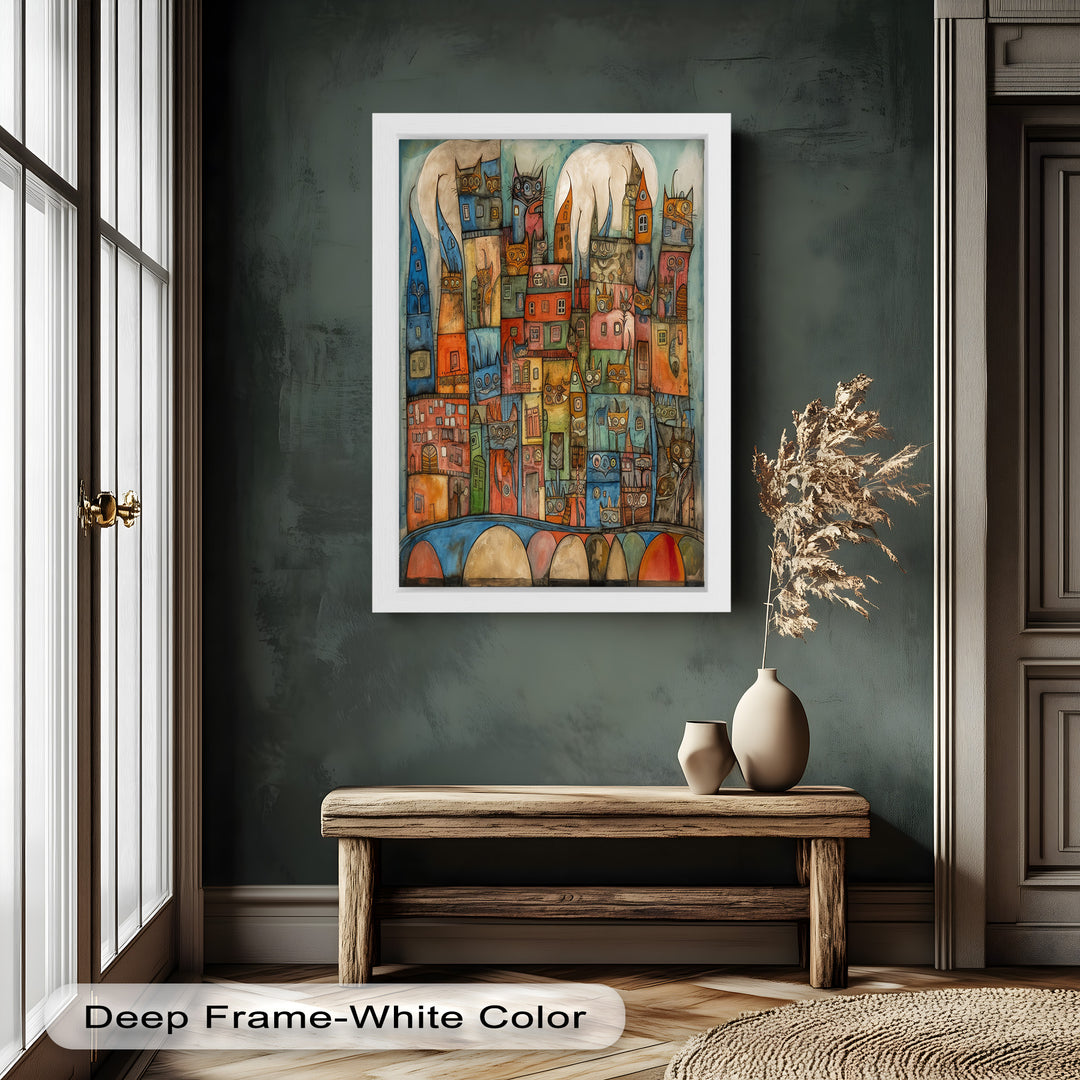 Whimsical Cat Cityscape – Surreal Architecture and Feline Picasso Oil Painting