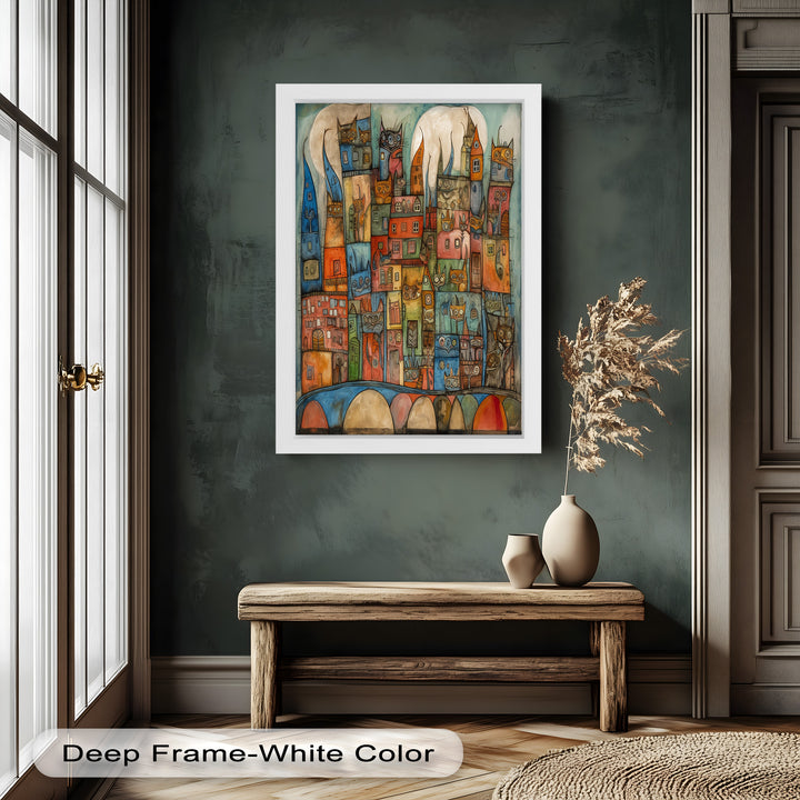 Whimsical Cat Cityscape – Surreal Architecture and Feline Picasso Oil Painting