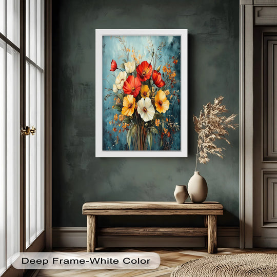 Featuring a smooth, matte finish, this floral oil painting art prints showcase a vibrant bloom bouquet in red, yellow, and white.