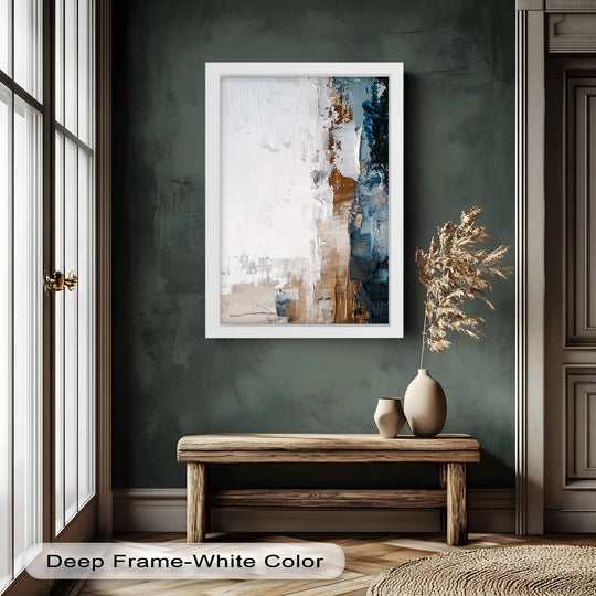 Vertical abstract oil painting wall art, 'Earthen Balance', is displayed in a deep frame, the central subject featuring textured neutral tones and bold brushstrokes.