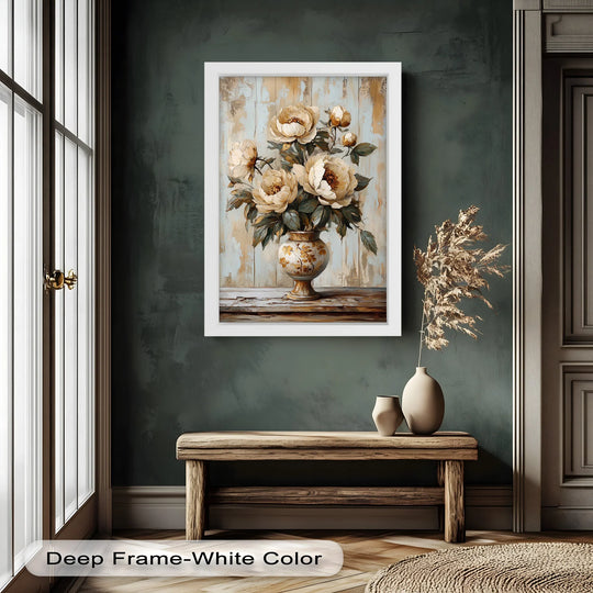 The focal point highlights this flower oil painting art piece, showcasing cream peonies in an ornate vase, a romantic floral design with soft, vintage charm.