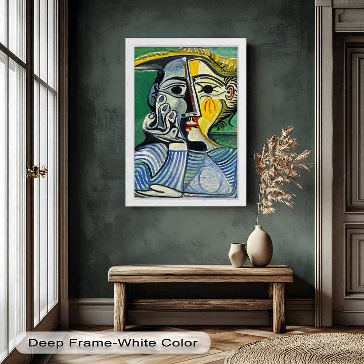 Nachdenklicher Blick – Gestreifte Frau mit Sonnenhut Picasso Ölgemälde