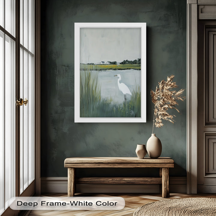Egret by the Marsh – Minimalist Landscape Oil Painting